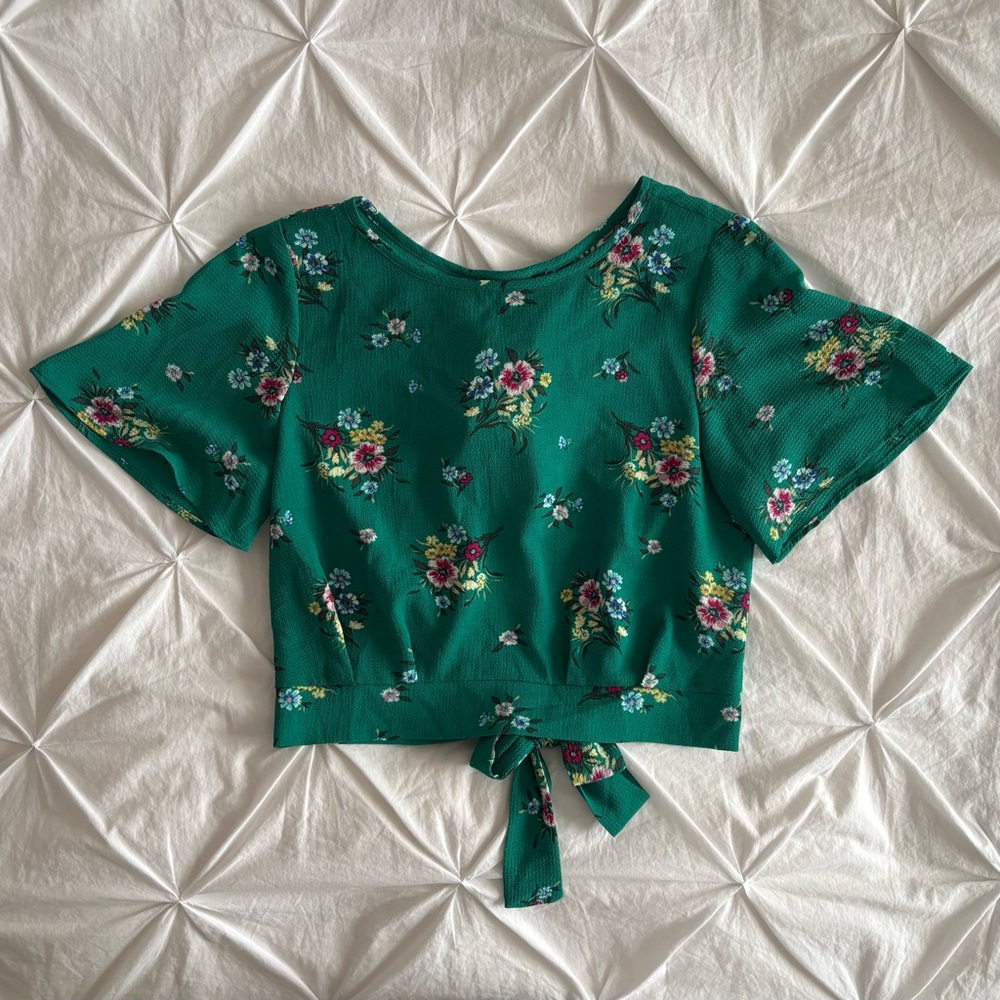 floral print wrap around open back blouse